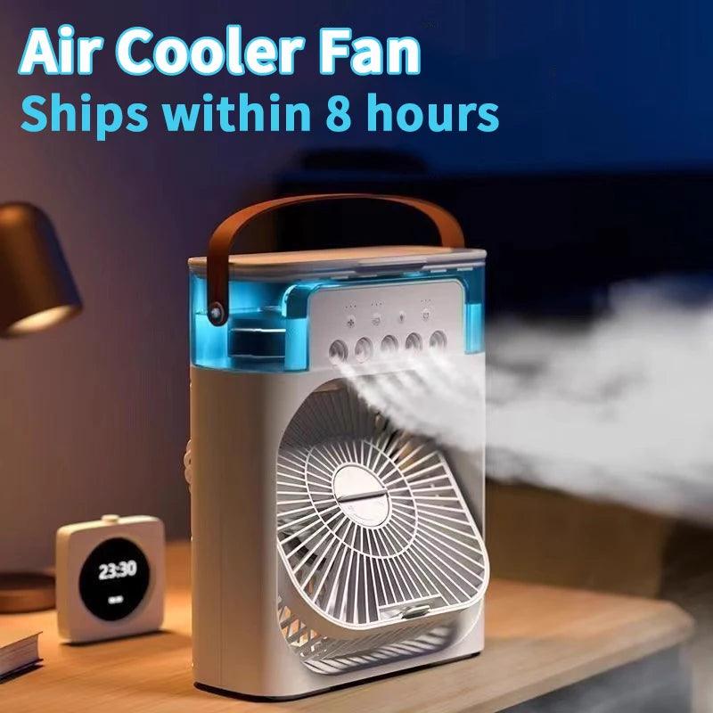 Ventilador 3 en 1 con aire acondicionado — Mini enfriador de aire doméstico con luz nocturna LED, humidificador portátil con ajuste de aire.